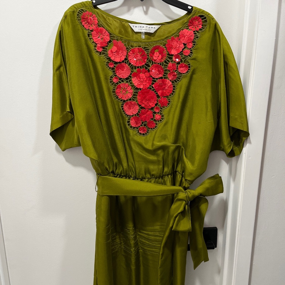 Trina Turk LA Silk Women's Olive Belted Pullover Sequin Sheath Midi dress